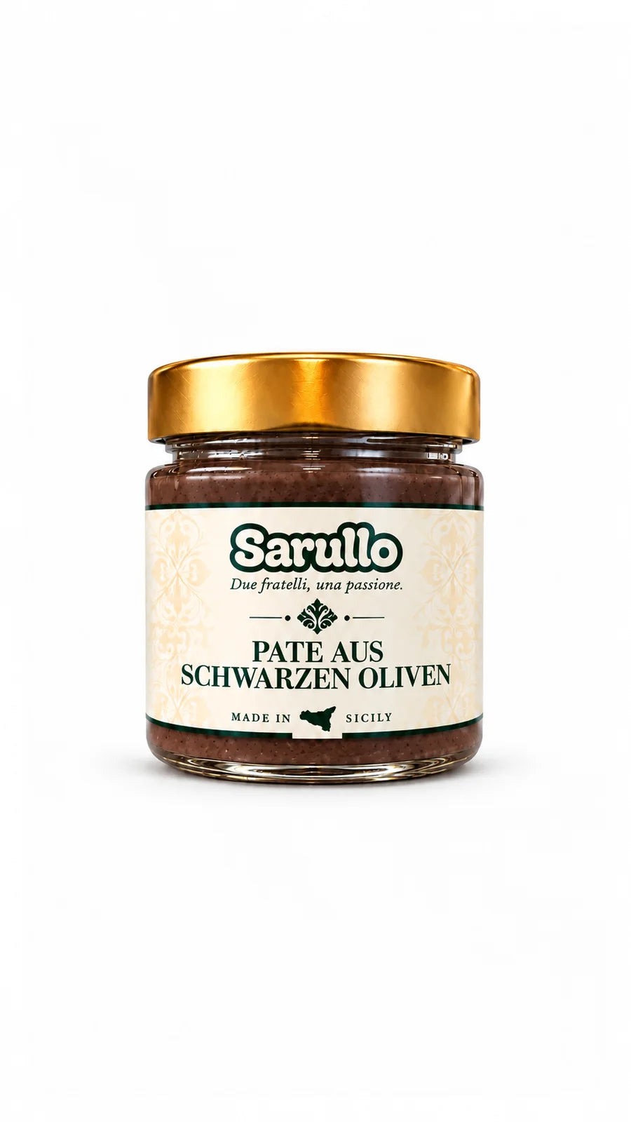 SARULLO Paté aus schwarzen Oliven aus Sizilien – 180 g im Glas mit goldenem Deckel