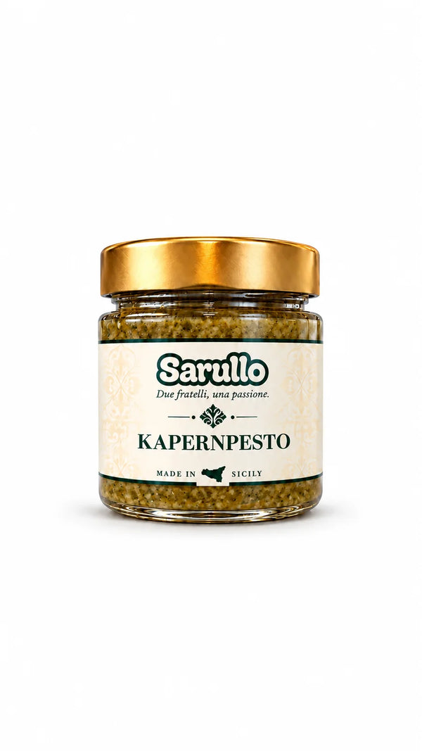 SARULLO Kapernpesto aus Sizilien – 180 g im Glas mit goldenem Deckel
