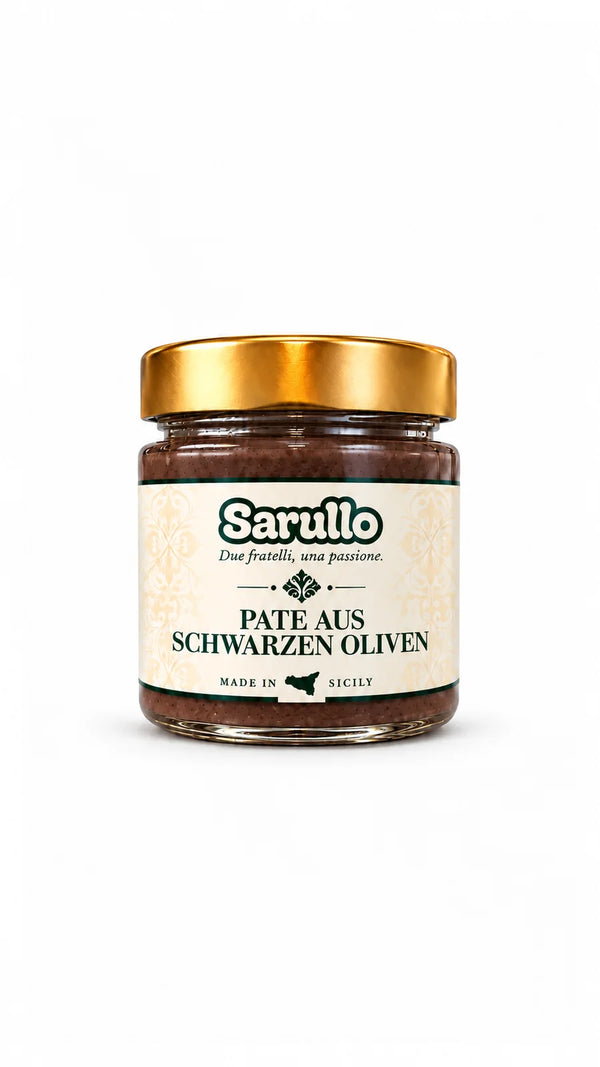 SARULLO Paté aus schwarzen Oliven aus Sizilien – 180 g im Glas mit goldenem Deckel