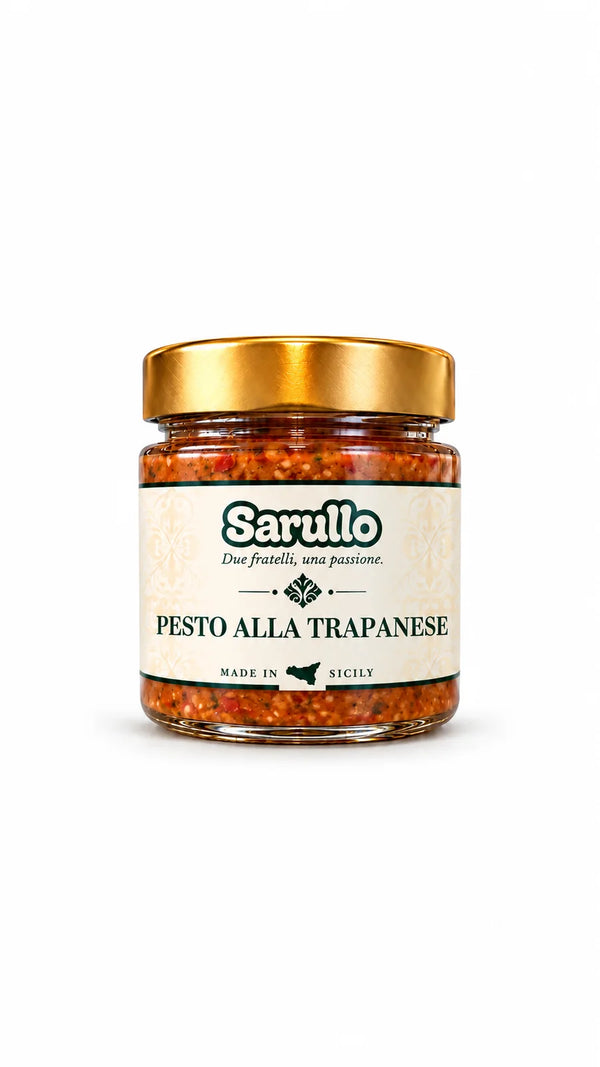 SARULLO Pesto alla Trapanese aus Sizilien – 180 g im Glas mit goldenem Deckel