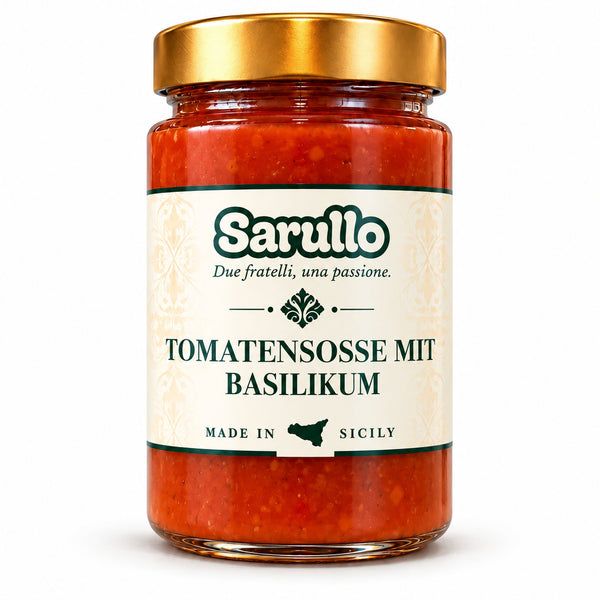 SARULLO Tomatensoße mit Basilikum aus Sizilien – 410 g im Glas mit goldenem Deckel